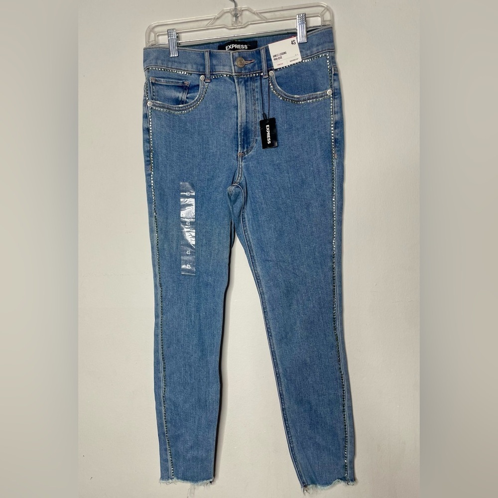 Express Women's Light Blue Skinny Jeans with rhinestone details